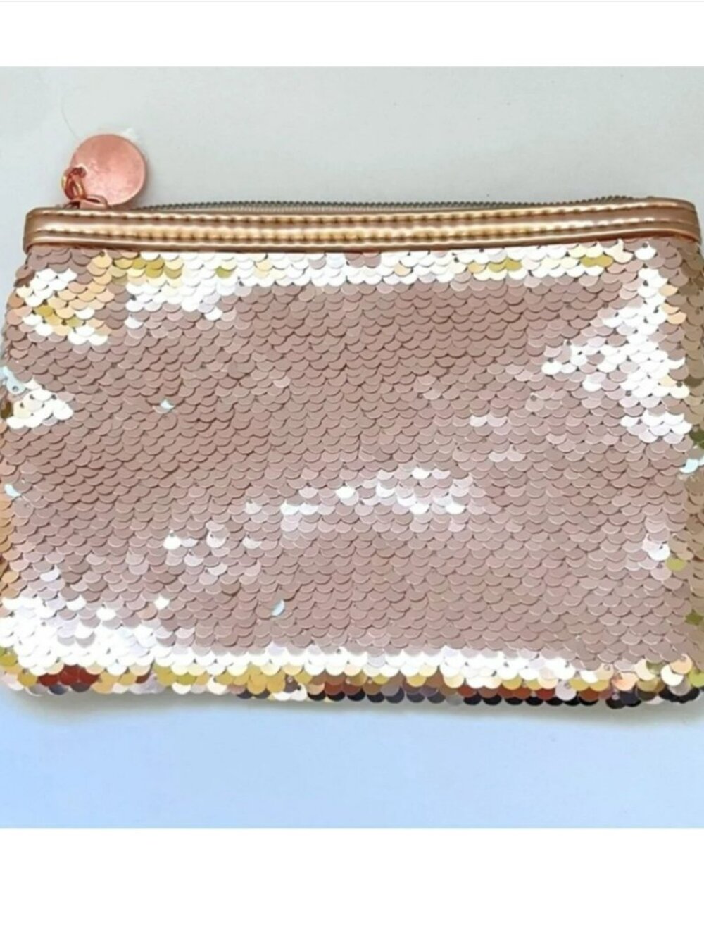 Macy’s Metallic Rose Gold Sequined Clutch Bag Case Cosmetics Travel Pouch NWOT